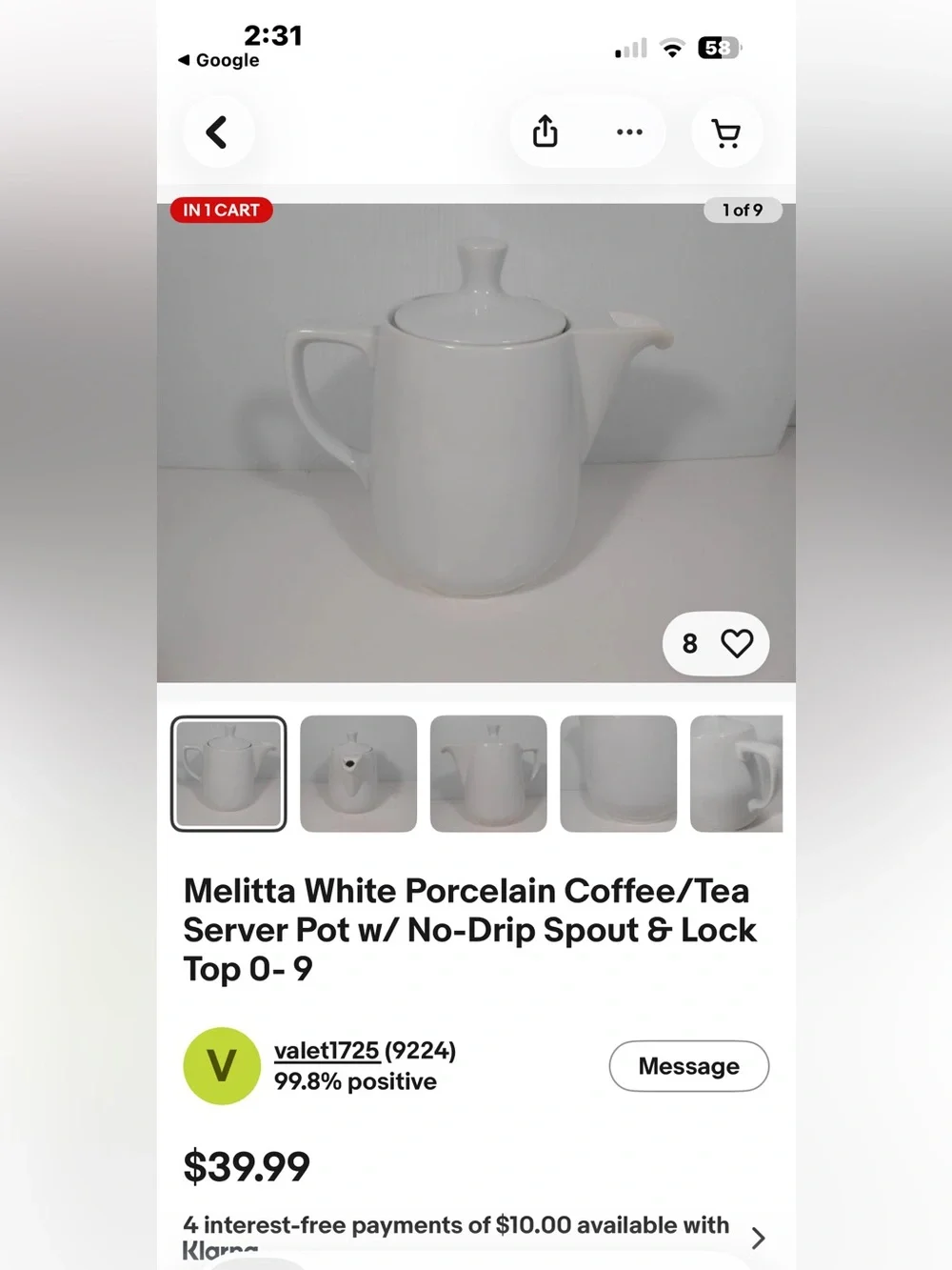 Melitta White Porcelain Coffee/Tea Server Pot w/ No-Drip Spout & Lock Top 0- 9